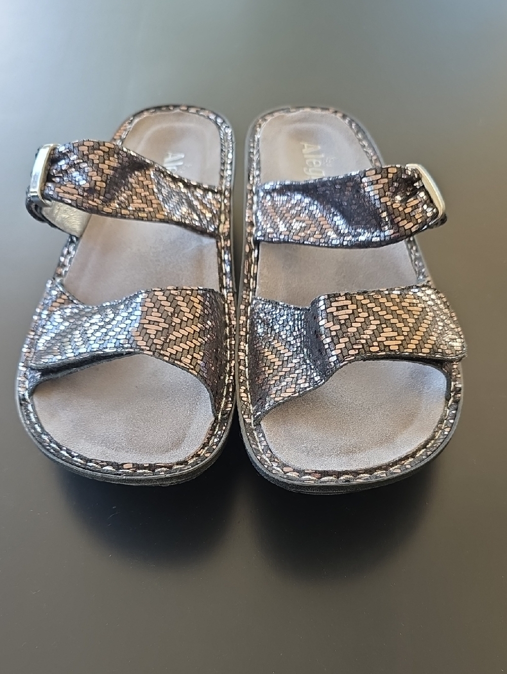Alegria Women's Metallic Pewter and Black Woven Two-Strap Sandal